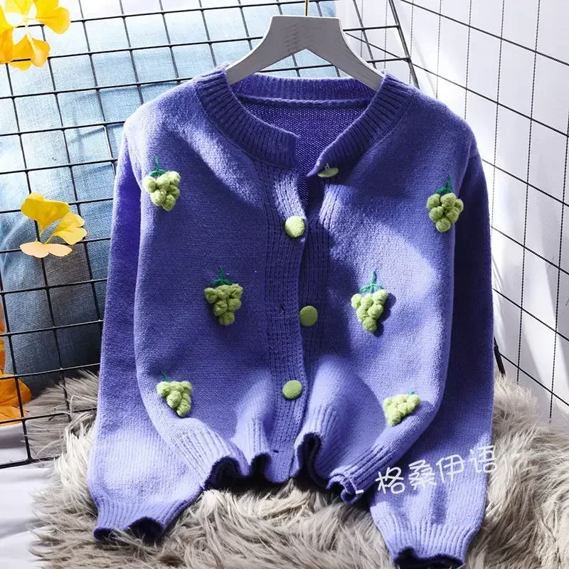 DAYIFUN Sweet O Neck Knitted Cardigan Women New Japanese Kawaii 3D Embroidered Short Sweater Lady Loose Spring Outerwear Tops