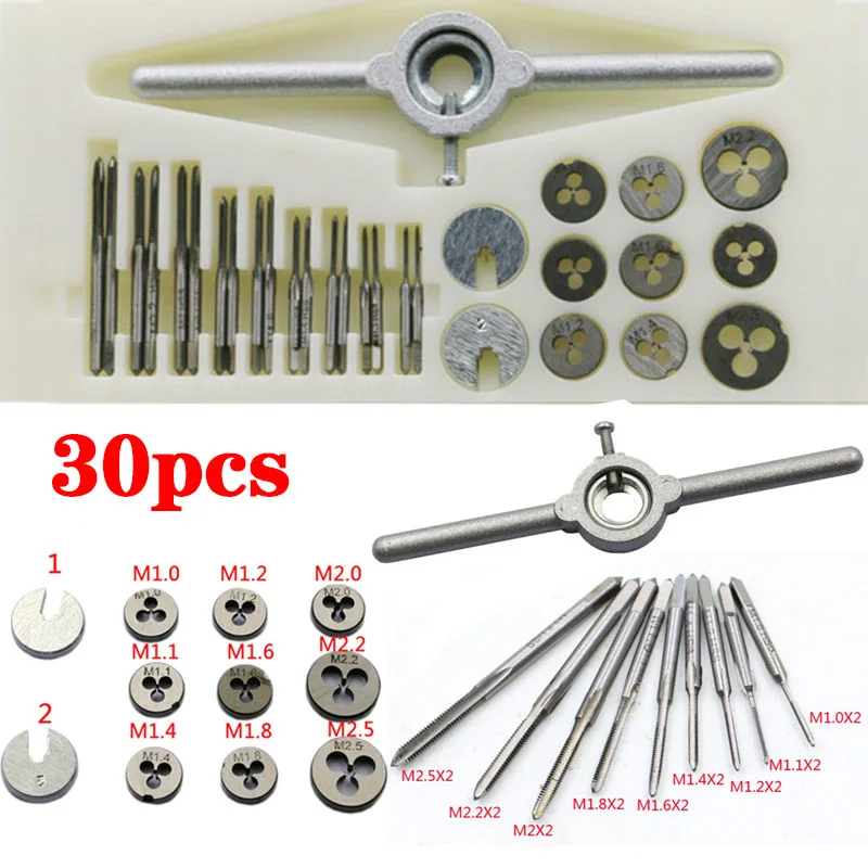 Hand Tools Taps Dies Set Screw Thread Plugs Carbon Steel 30pcs Tap And Mini Hss Micro Wire Wrench Metric M1-m2.5 & M1 To M2.5