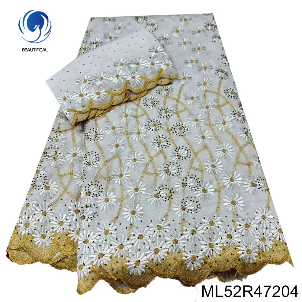 

2025 Изысканное белое 7-размерное высококачественное африканское платье из 100% чистого хлопка, нигерийское швейцарское кружевное вечернее платье ML52R472