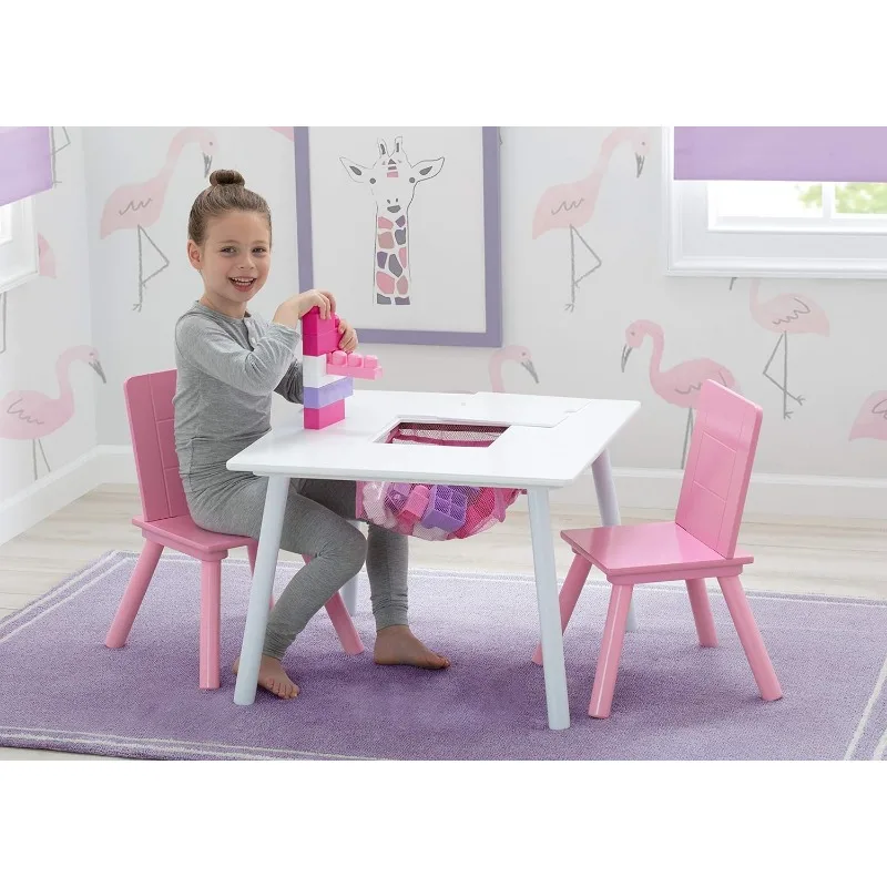 Juego de mesa y silla con almacenamiento para niños, 2 sillas incluidas