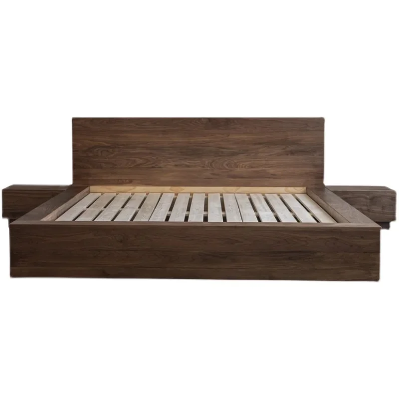 Nordic modern black walnut tatami floor-to-ceiling solid wood bed Japanese master bedroom storage drawer