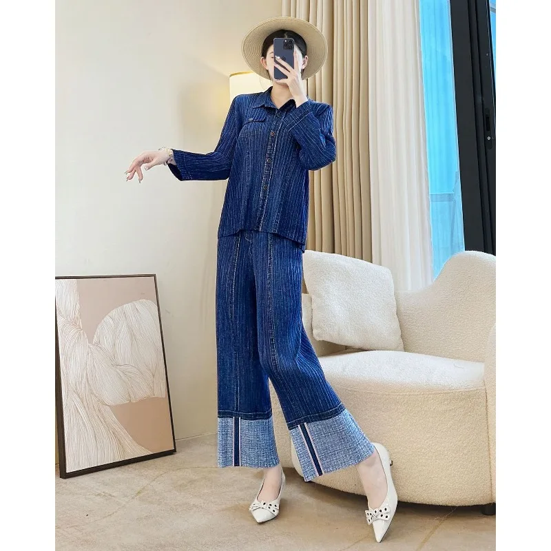 Miyake Wrinkled Denim Color Pants Suit Fashion Personality Slim Shirt + Printed Straight Pants 2025 Autumn New Women Clothing