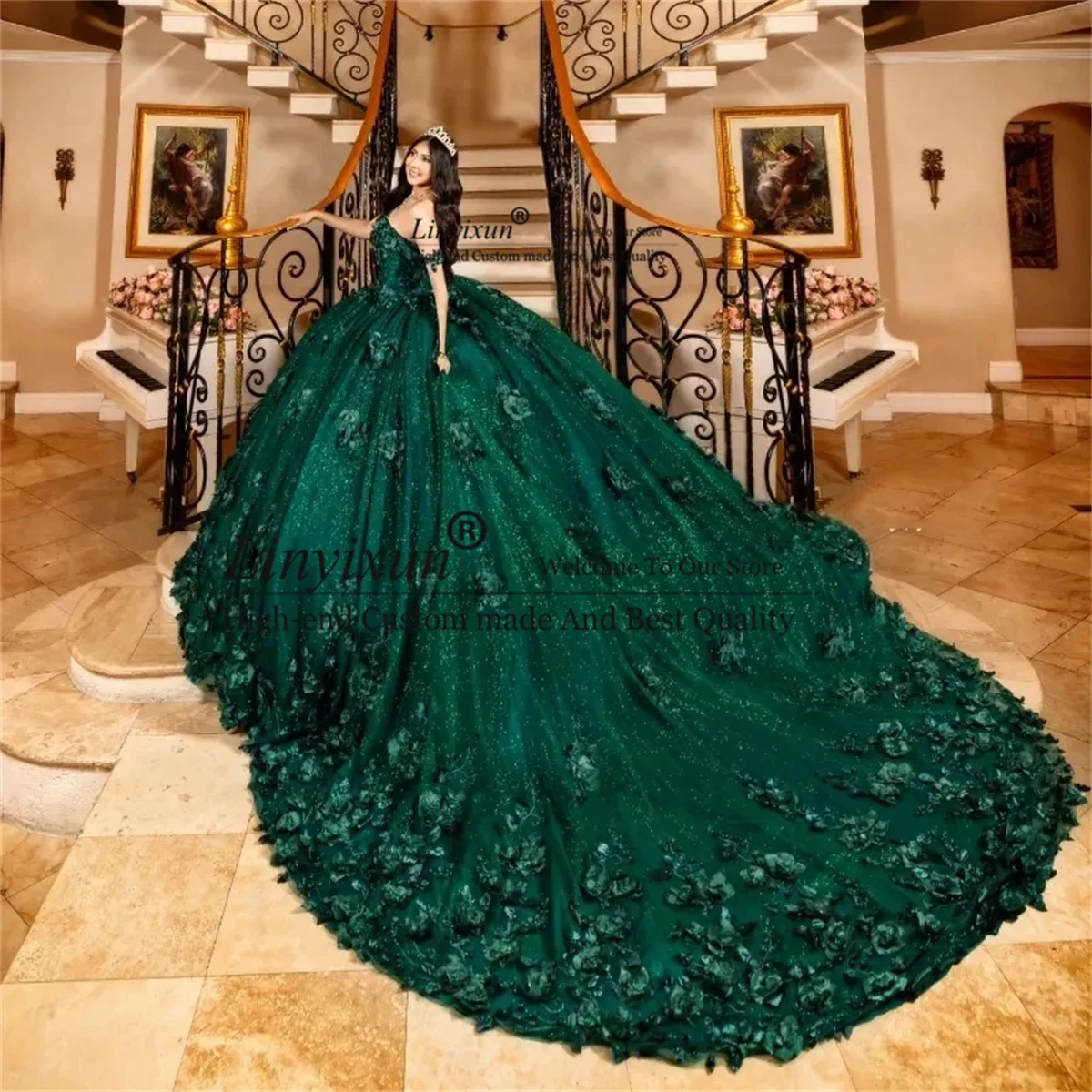 Emerald Green Glitter Quinceanera Dresses 3D Flower Vestidos de 15 quniceanera Ball Gown Pearls Junior Sweet 16 Birthday Gowns