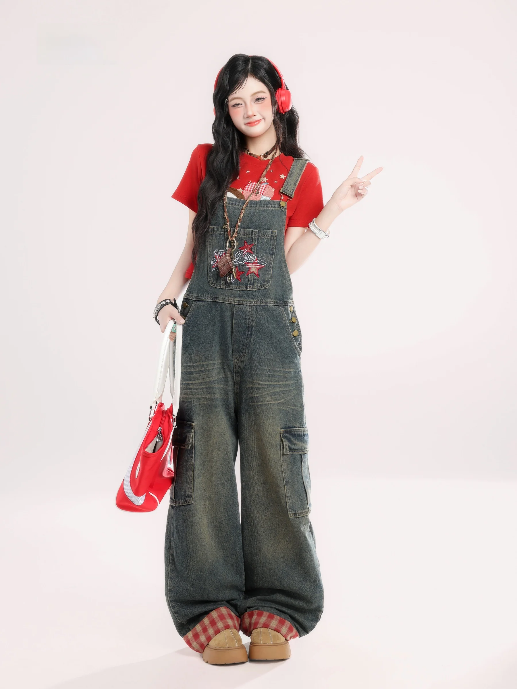 

HM Fun Cartoon Embroidered Plaid Denim Overalls Women's Spring New Casual Wide Leg Loose One-Piece Pants Cotton Blend