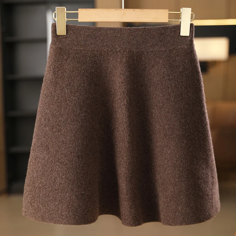 New Women Wool Skirt Spring Autumn Winter Elastic Waist Mini A-Line Skirt 100% Merino Wool Knitted Above Knee Preppy Style Skirt