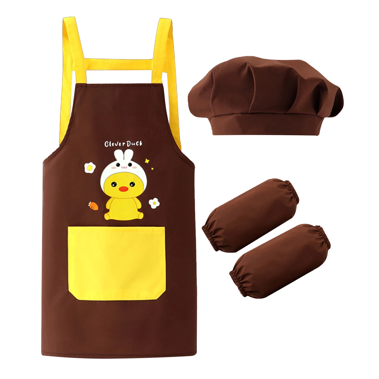 Kids Boys Girls Waterproof Apron Painter Chef Cosplay Costume Prop Cooking Baking Eating Drawing Cover Bib with Hat Arm Sleeve