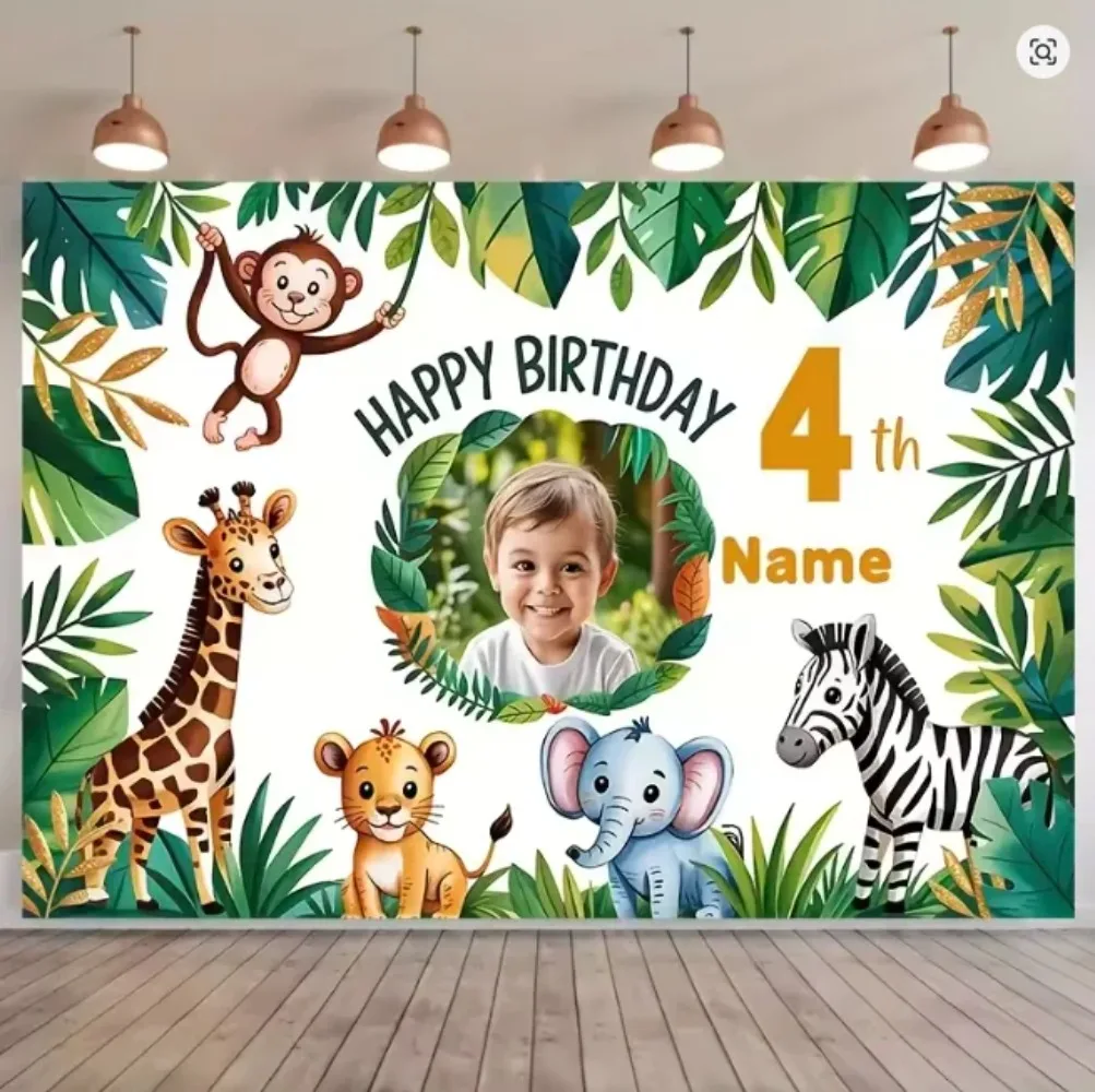 Dschungeltier-Themenbanner-Hintergrund, anpassbar, mit Babynamen, Foto, für einjährige Babyparty, personalisierter Fotohintergrund