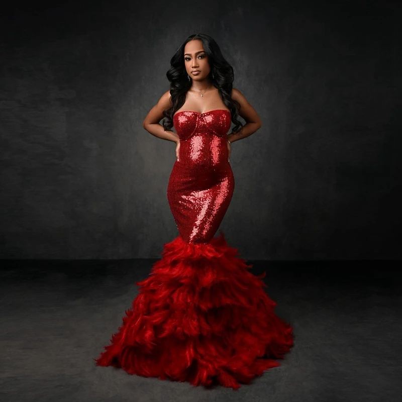 فساتين زفاف حورية البحر مطرزة باللون الأحمر، أنيقة بدون حمالات، فساتين حمل طويلة بطول الأرض، فستان حفلة موسيقية لامع