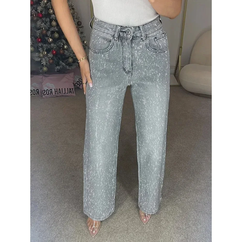 Y2k – pantalon en Denim pour femmes, strass brillants, jambes larges, droit, plein de diamants, pour traînant, vêtements d'extérieur de rue