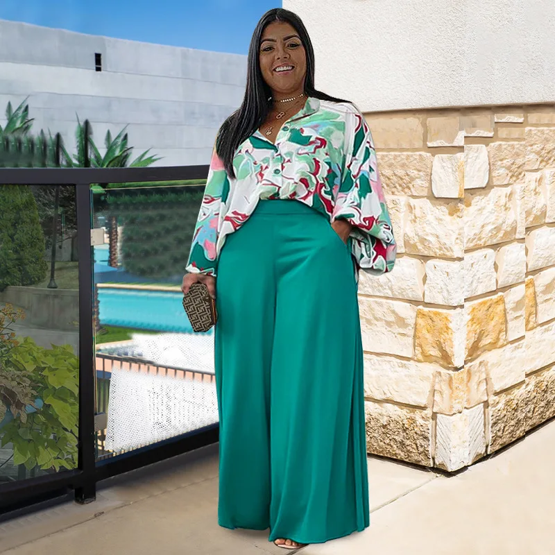 Loose Shirt Wide Leg Pants Full Sets XL-5XL 2024 new African women's temperament commuter plus size Women's Pant Sets