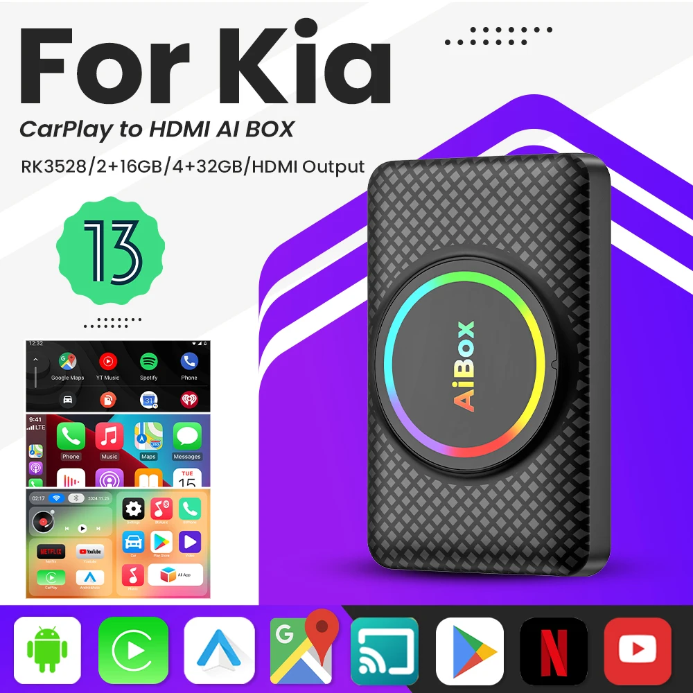 Smart Ai Box Android 13 Wireless Android Auto CarPlay HDMI For Youtube Nexflit TV Box For Kia Soul Optima Soul EV Forte Niro Rio