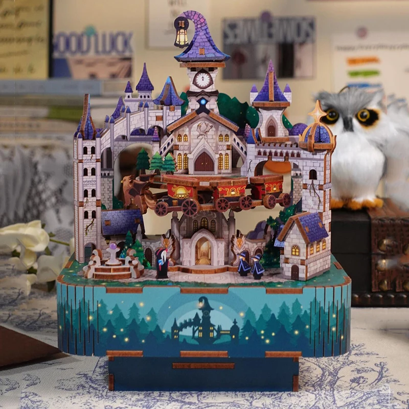 

Clearance DIY Magic Castle Music Box Wooden Model Building Kits Assembled 3D Jigsaw Puzzles Can Move for Friends Birthday Gifts