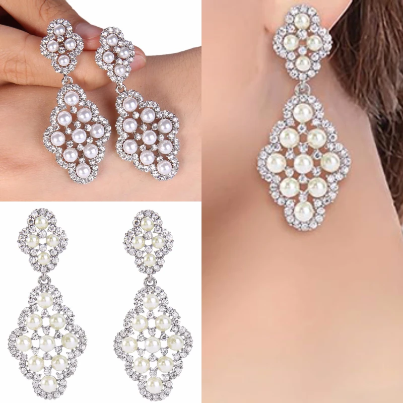 Huitan Wunderschöne Damen-Ohrringe mit künstlicher Perle, lange hängende Ohrringe für Hochzeit, Temperament, elegante Braut-Ohrringe, Verlobungsschmuck