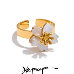 Yhpup 316L Stainless Steel Natural Shell Flower Golden Open Ring for Women High Quality Exquisite Popular Jewelry
