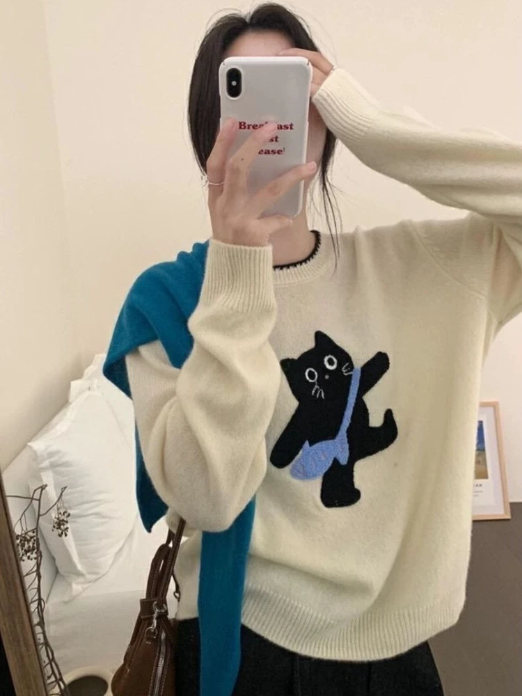 

Korobov корейский милый универсальный повседневный свободный жаккардовый свитер с круглым вырезом и длинными рукавами, женские джемперы