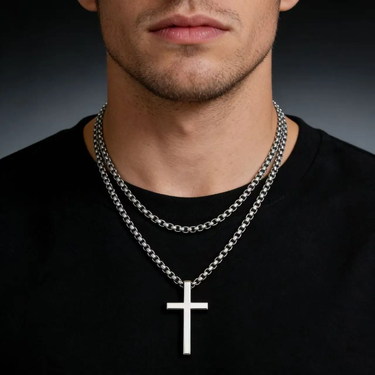 HNSP 316L Edelstahl-Kreuzanhänger-Kettenhalskette für Herren, Unisex, einfacher Stil, große, mittlere und kleine Größe, wasserdichter Schmuck – Detail 3