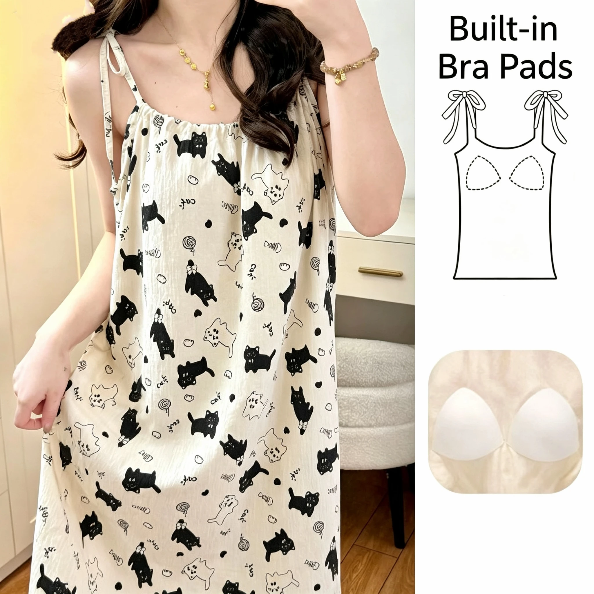 

Kawaii Black&White Cat Printed Spaghetti Strap Nightgowns Women Nightie Y2K 2026 Summer Slip Nightdress Cartoon Cute Pajamas