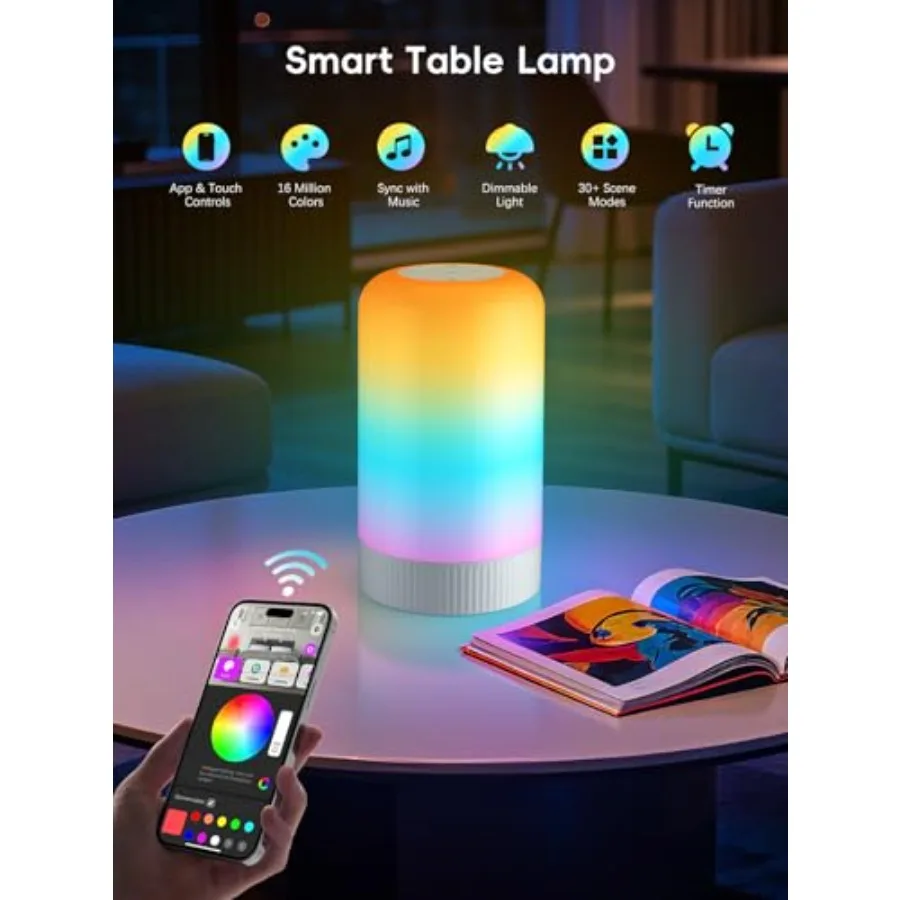 RGBICWW Smart Table Lamp, Touch Bedside Lamp with App Control, LED Desk Lamp with Music Sync, 30+ Scenes and 16M Colors, Color