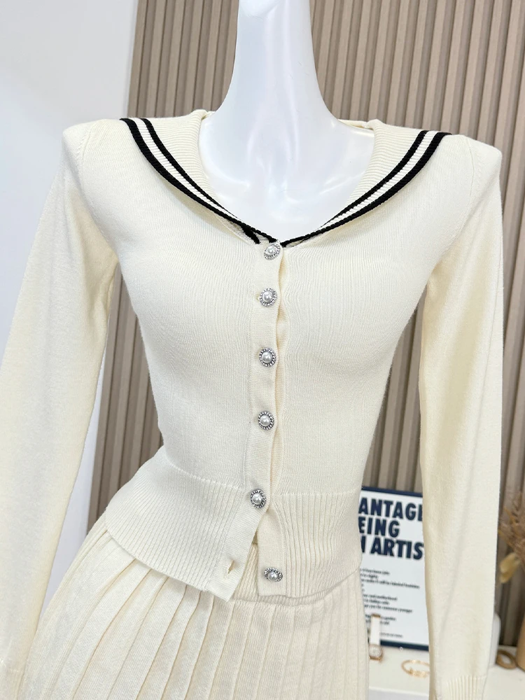 Autumn Winter Women Suit Old Money Knit Outfits 2 Piece Set Long Sleeve Sailor collar Cardigan Sweaters + Mini Pleated Skirt New