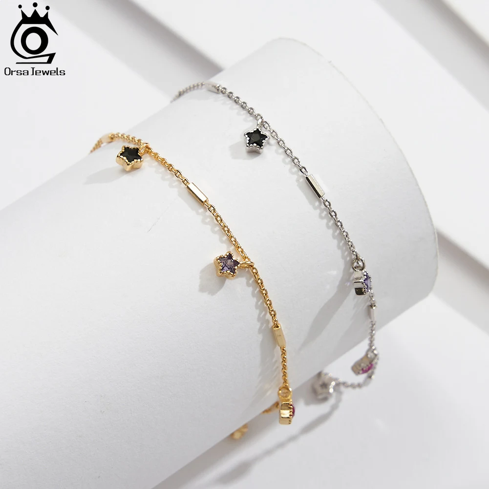 ORSA JEWELS 925 Sterling Silver Cable Chain Anklet with Colorful Star Zircon for Women Adjustable Summer Straps Jewelry SA92