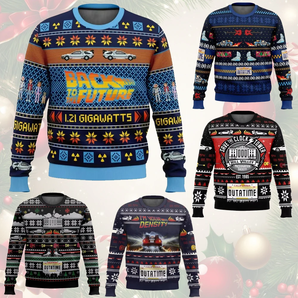 العودة إلى المستقبل سترة عيد ميلاد سعيد قبيحة 2025 موضة جديدة للرجال بلوفر بقلنسوة كبير الحجم سترة شتوية للنساء