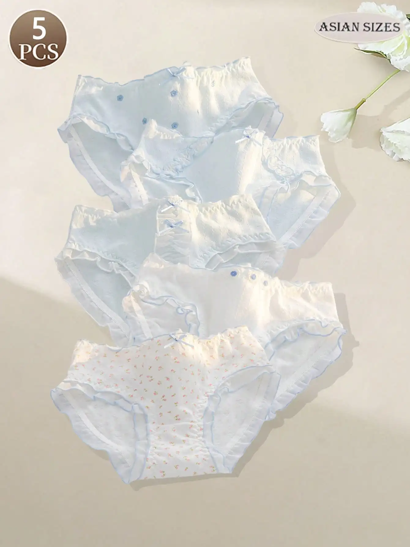 5PCS women panties romance pastoral briefs French panty woman underpants cuteness sweet cuteness  pure knitted fabric with  bow