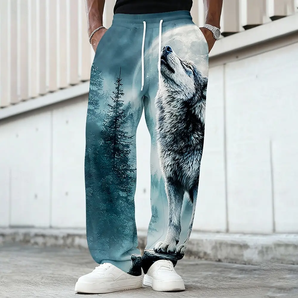

2025 мужские спортивные штаны Wolf Wildlife Forest, повседневные брюки со средней талией, винтажные охотничьи брюки с завязками на талии, прямые брюки