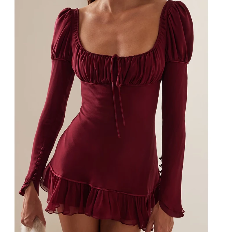 

Black Wine Red Square Neck Long Sleeve Vintage Dress Women A-line Slim Mini Autumn Dresses Backless Robe