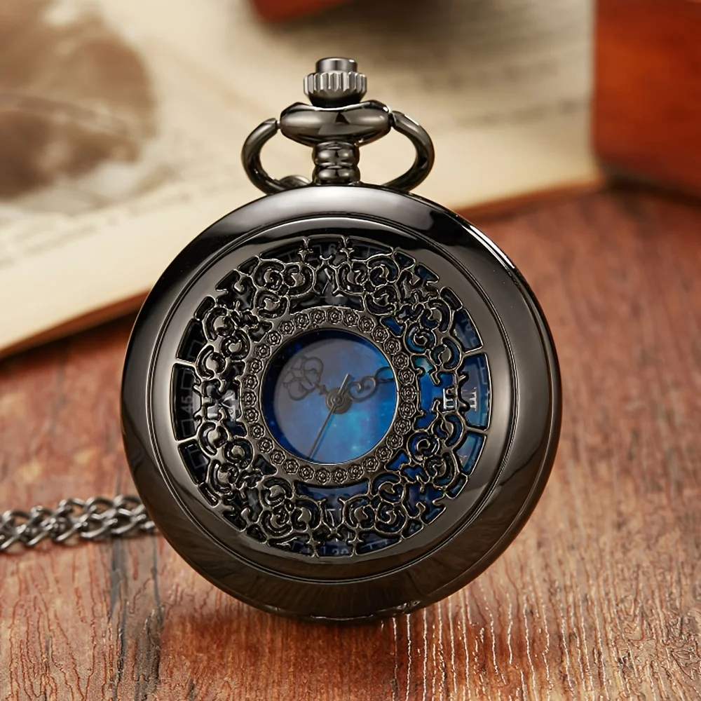 Exquisite Starry Blue Dial Pendant Black and Silver Hollow Quartz Pocket Watch Roman Numerals Gift Watch for Female Male and Kid