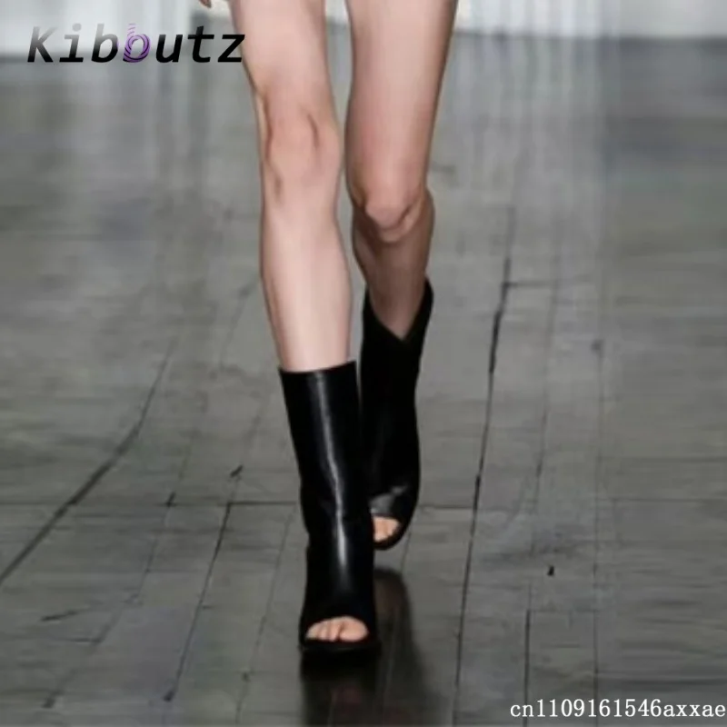 Peep Toe Mid Calf Boots Ladies Faux Leather New Arrival Summer Outdoor Dating Evening Party Fashion Runway Open Toe Ankle Boots
