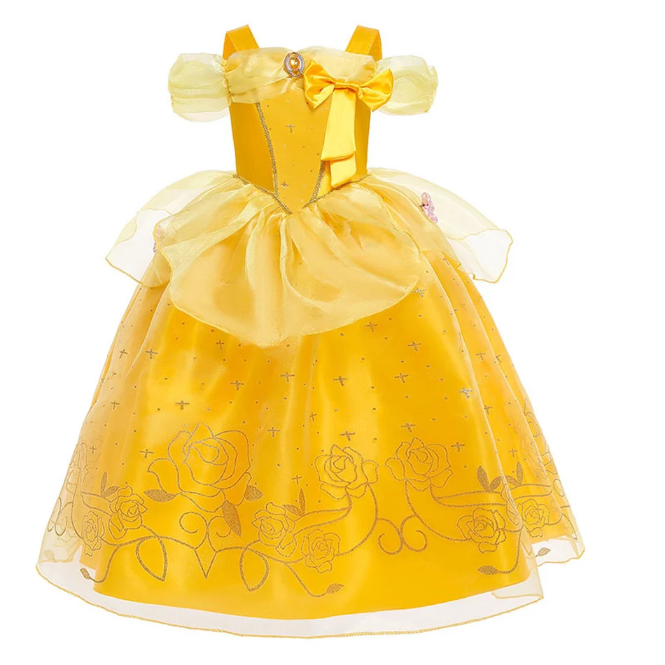 

Girls Belle Yellow Princess DressOff Shoulder Floral Print Tutu Gown Kids Birthday Party Costume Wedding Flower Child Dress