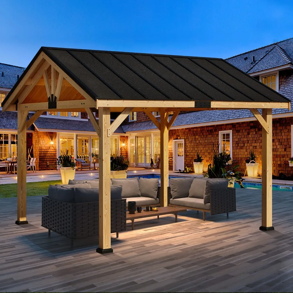 

11'x12' Wood Gazebo, Outdoor Hardtop Spruce Wooden Frame Gazebos with Waterproof Asphalt Roof for Garden, Patio, Lawns, Parties