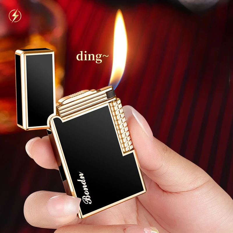 Retro Business New Metal Loud Oblique Fire Side Sliding Lighter Butane Gas Rechargeable Pleasant Men'S Open Flame Lighter Gift