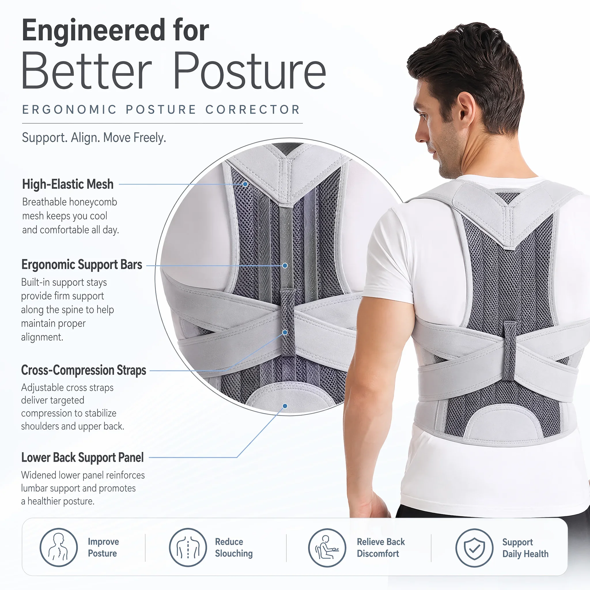 Adjustable Posture Corrector Back Support Brace for Men Women, Reinforced Lumbar Shoulder Spine Corrector Strap view 2