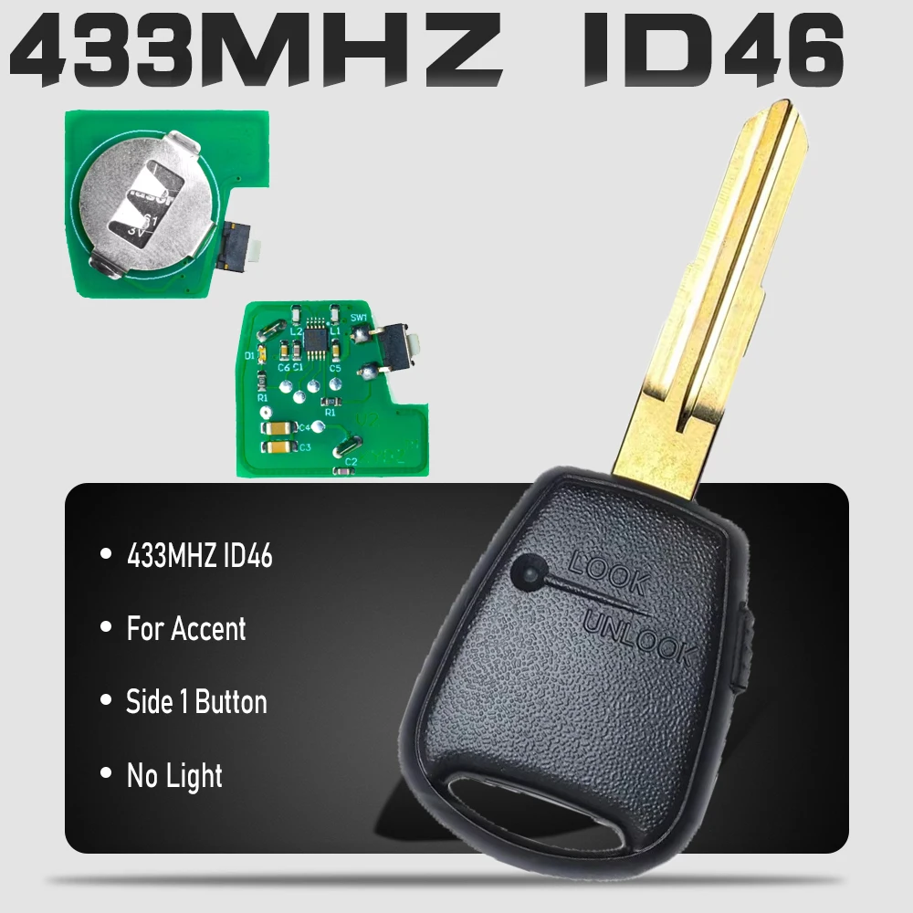 

KEYECU для Hyundai Accent, для Kia Rio Picanto Soul Venga Ceed, 433 МГц, ID46, 1 кнопка, без подсветки, необработанный, боковой, дистанционный ключ-брелок