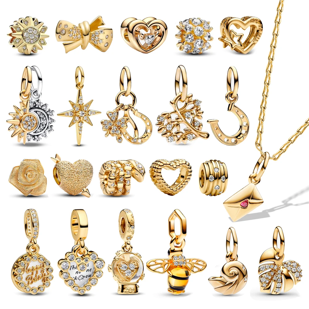 

Exquisite 925 Sterling Silve Golden Crystal Ball Rose Bee Heart Charm Fit DIY Bracelet Necklace Boutique Party Jewelry Gifts