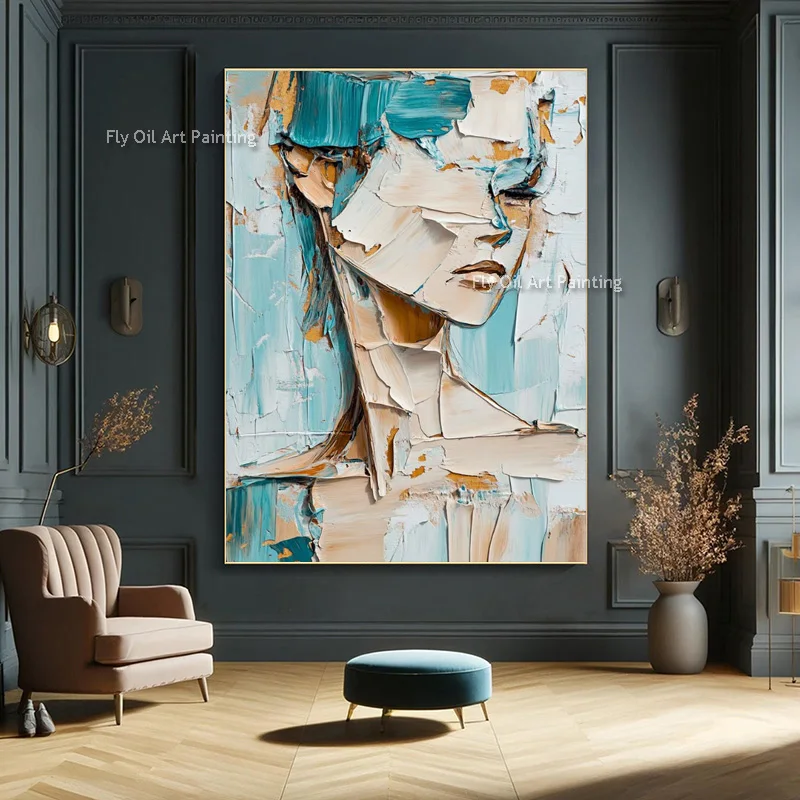 Fashional Design Blue And White Women Portrait Canvas Thick Oil Painting Handpainted Original Girl Wear Yellow Dress Wall Decor