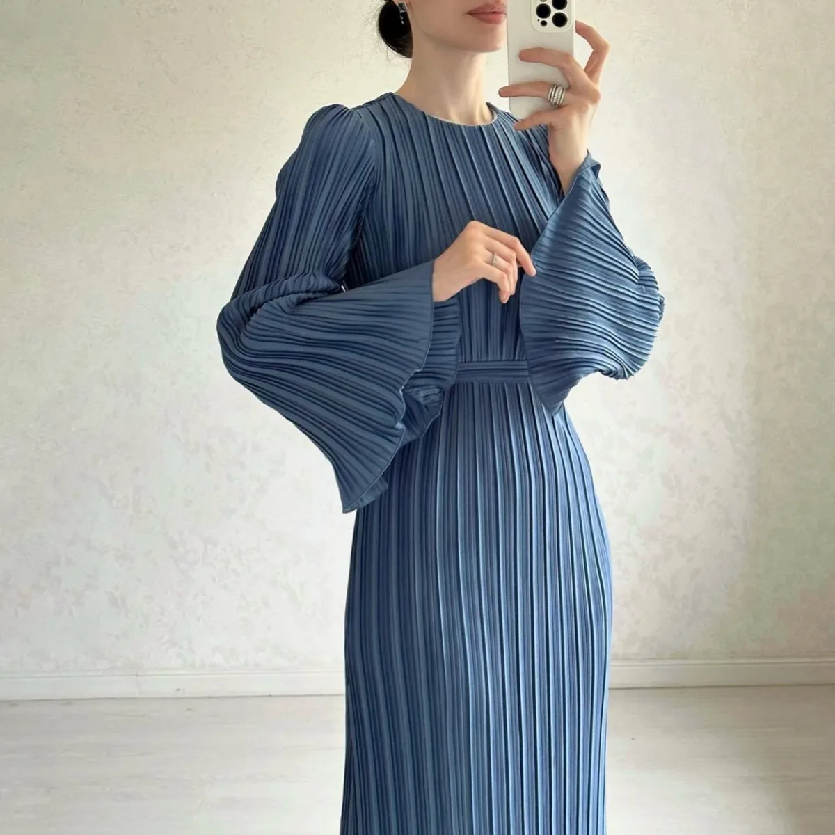 Women Pleated Flared Sleeves Mid-length Dress Fashion Simple Abayas with Belt Muslim Dress Solid Dubai Abaya Turkey Muslim Islam