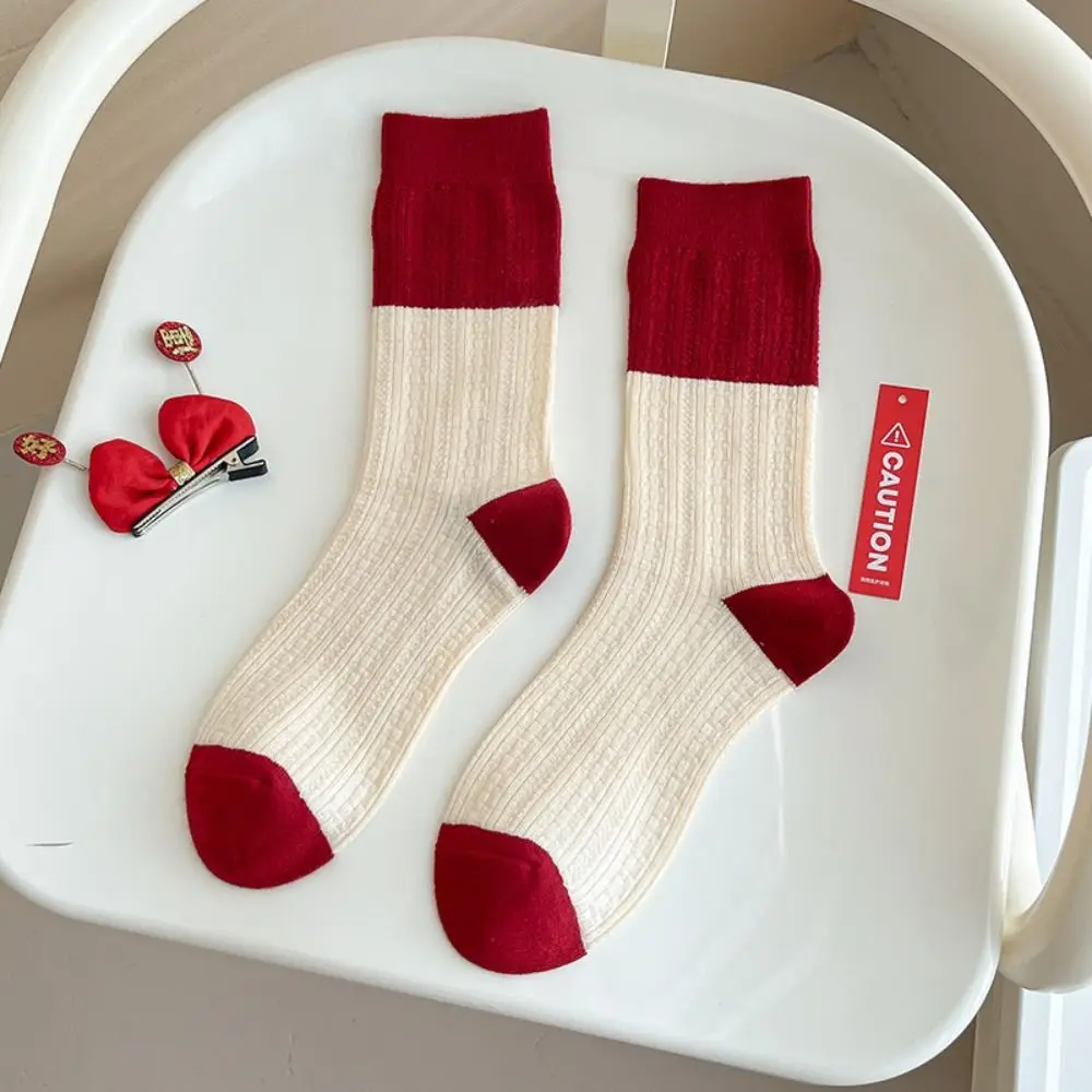 

Warm Female Hosiery New Year Red Socks Striped Cotton Good Luck Socks Sleeping Socks Thicken Middle Tube Socks Winter