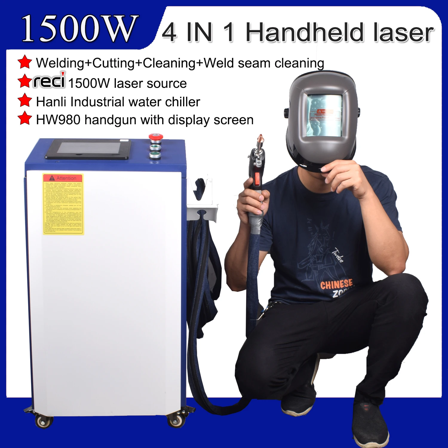 

4 IN 1 Handheld Fiber Laser Welding Cleaning Cutting Machine RECI 1500W Weld Seam Clean Machine Hanli water chiller