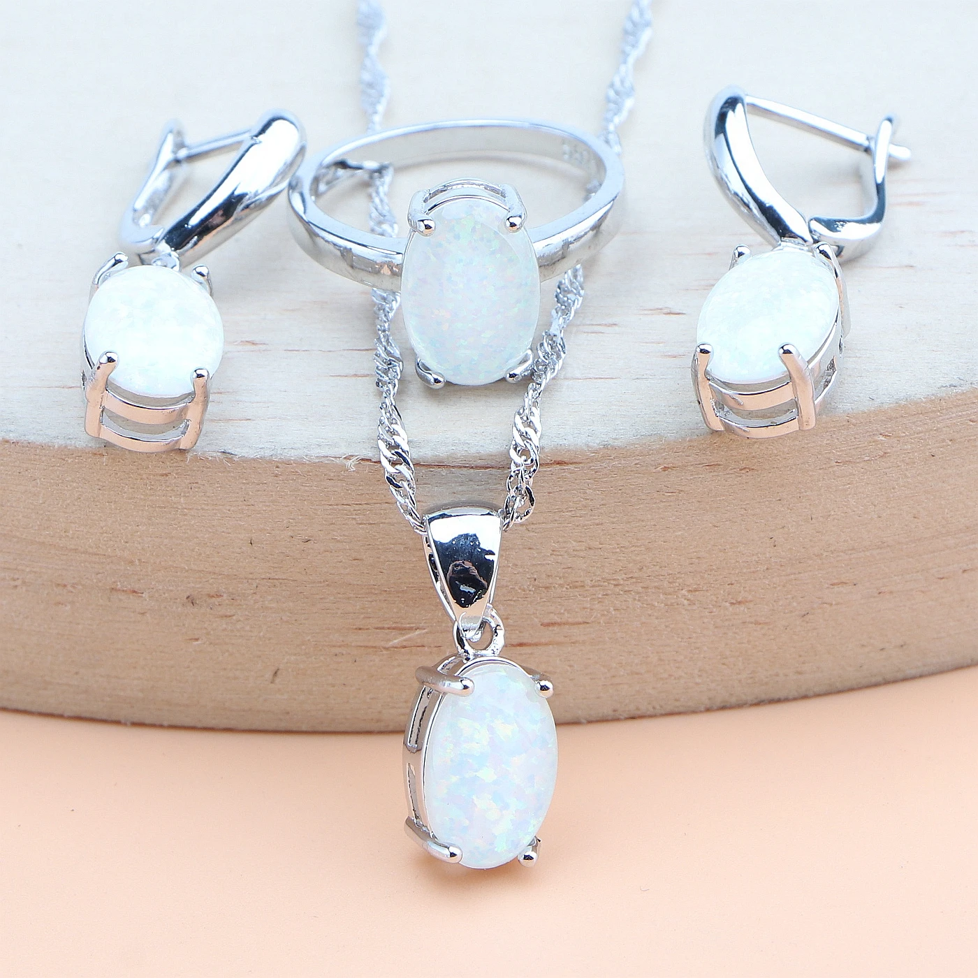 Opal Bridal Silver 925 Jewelry Sets For Women White Zircon Earrings Wedding Rings Pendant Necklace Set