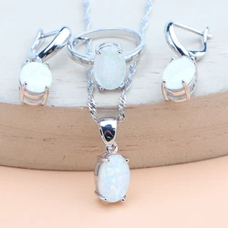 Opal Bridal Silver 925 Jewelry Sets For Women White Zircon Earrings Wedding Rings Pendant Necklace Set