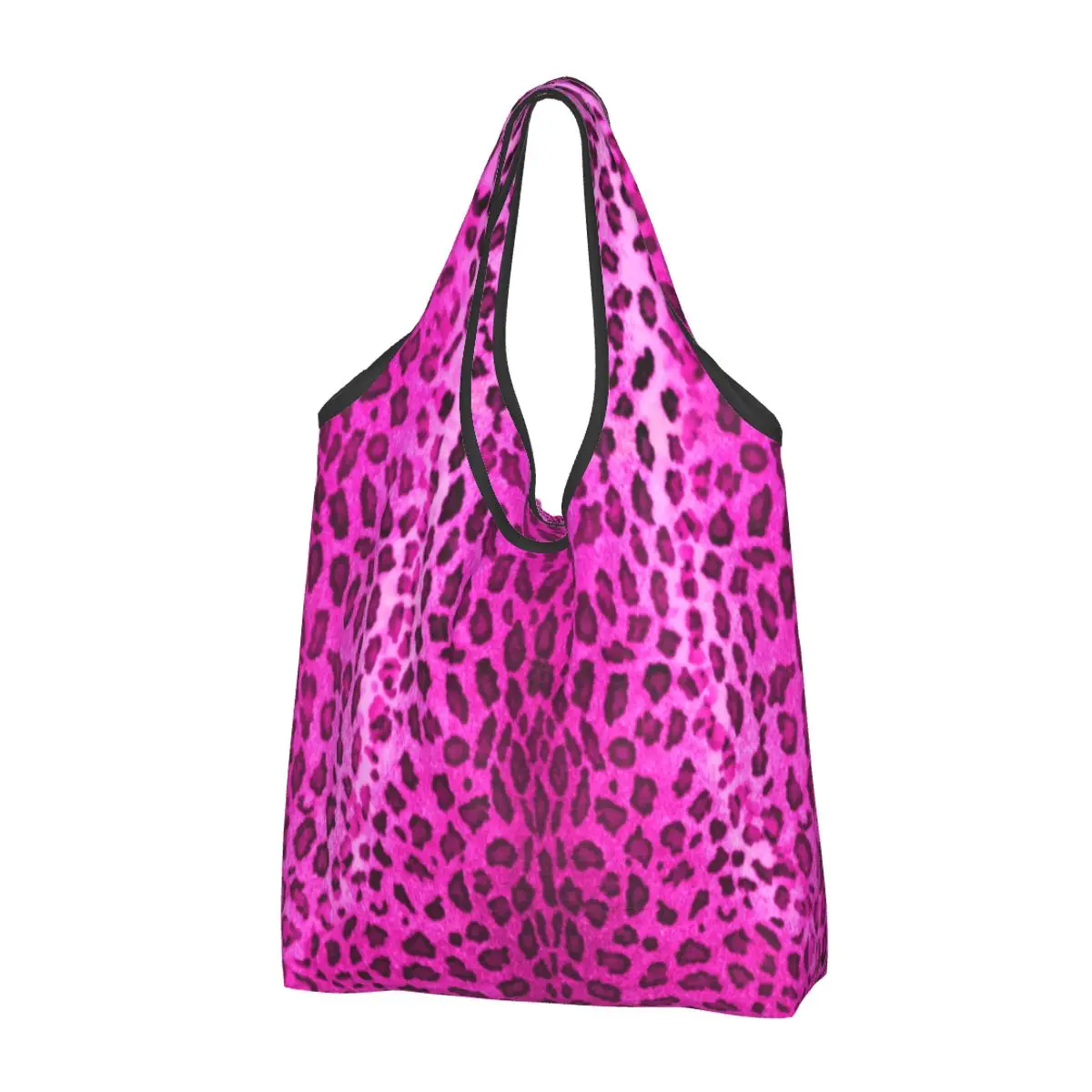 Kawaii Pink Leopard Shopping Tote Bag Portable Animal Skin Print Grocery Shopper Shoulder Bag