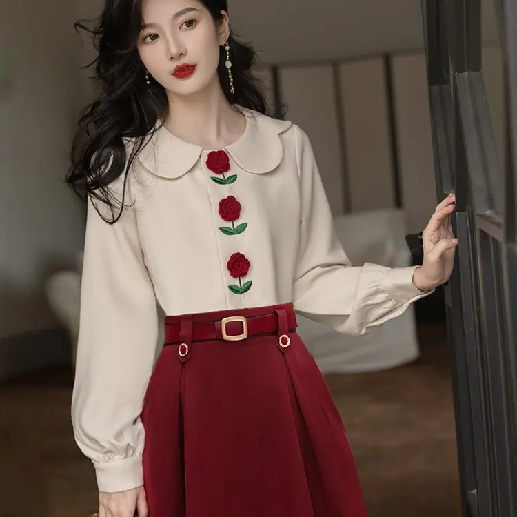 

Retro Doll Collar Suit Set Petal Red Skirt Commute Dr Ele Faion Ensemble for Young Women Spring Season