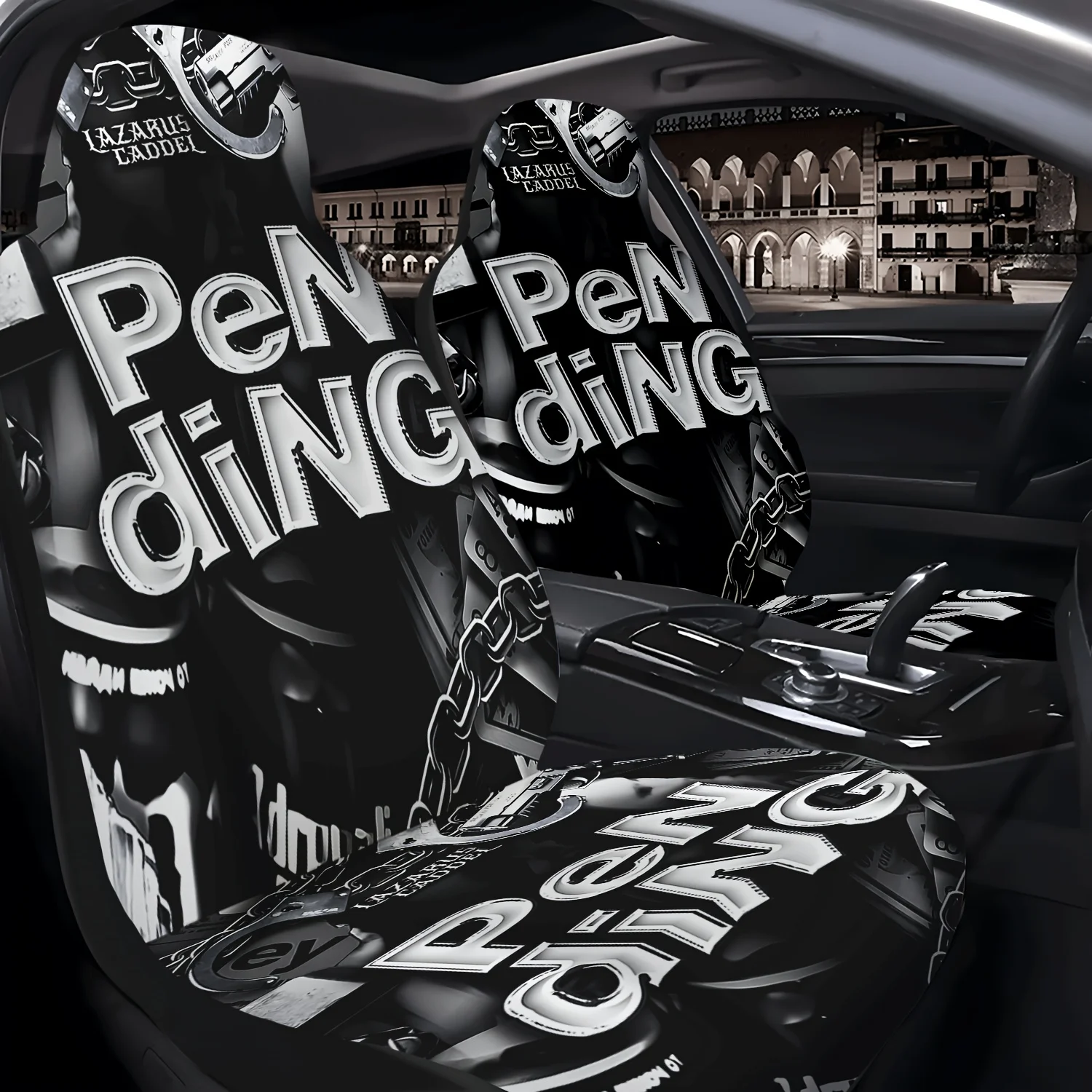 Set Of 2 Front Seat Covers For Cars, Featuring Handcuffs, Guns, And Playing Card Prints, Suitable For Sedans, Suvs, And Trucks.