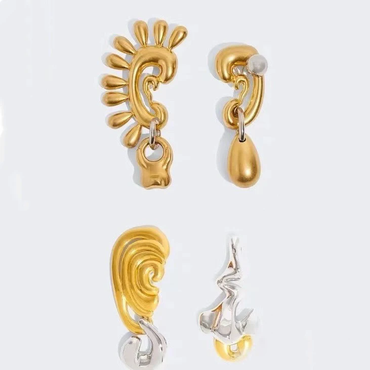 Fashion Europe Brass Gold Plated Facial Features Series Asymmetric Earrings Woman Luxury Jewelry Trend