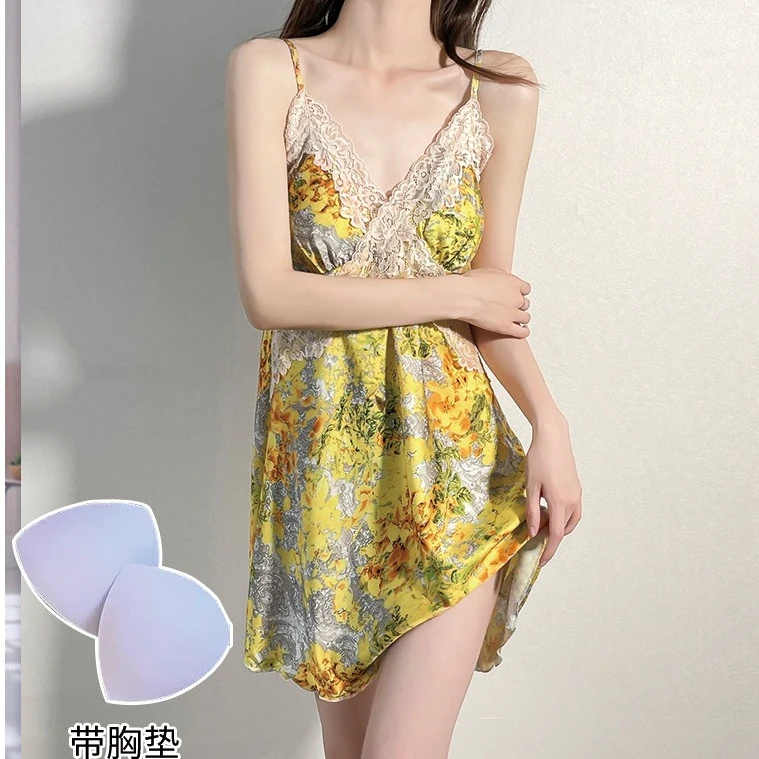 

Sexy Suspender Nightgown Lace Women Chemise Sleepwear Dress Lingerie Summer Silky Satin Nightdress Dressing Gown Loungewear