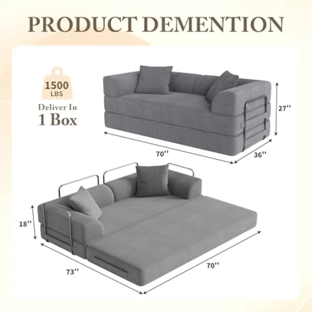 Cloud Boneless Couch Futon Sofa Bed, 5-in-1 Convertible Sofa Bed Pull Out Couch Sleeper Sofa Compressed Loveseat, 70