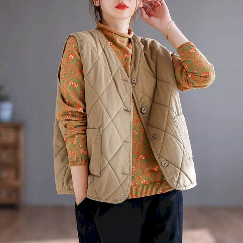 

Waistcoat Women Solid V-neck Vests Lightweight Cotton Added Korean Style Vintage Rhombic Sleeveless Quilted Cardigans Women Tops