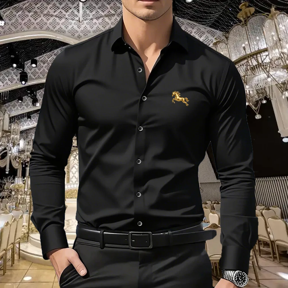 Men's Premium Business Casual Shirt with Golden Horse Slim Fit Long Sleeve Wrinkle Resistant Dress Shirt, 5-Color Available